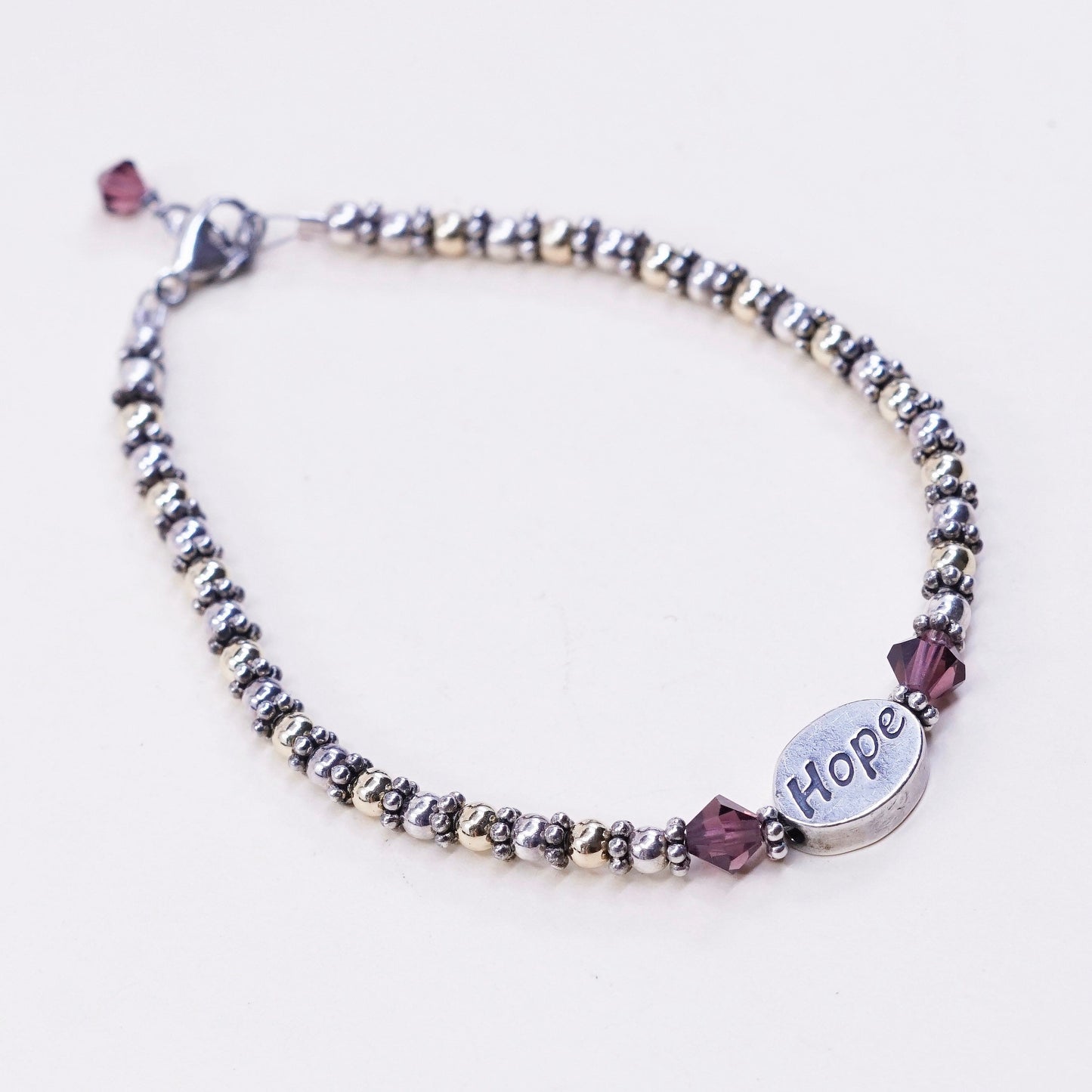 6.5”, 2mm, sterling silver bracelet, 925 beads w/ hope charm, handmade jewelry