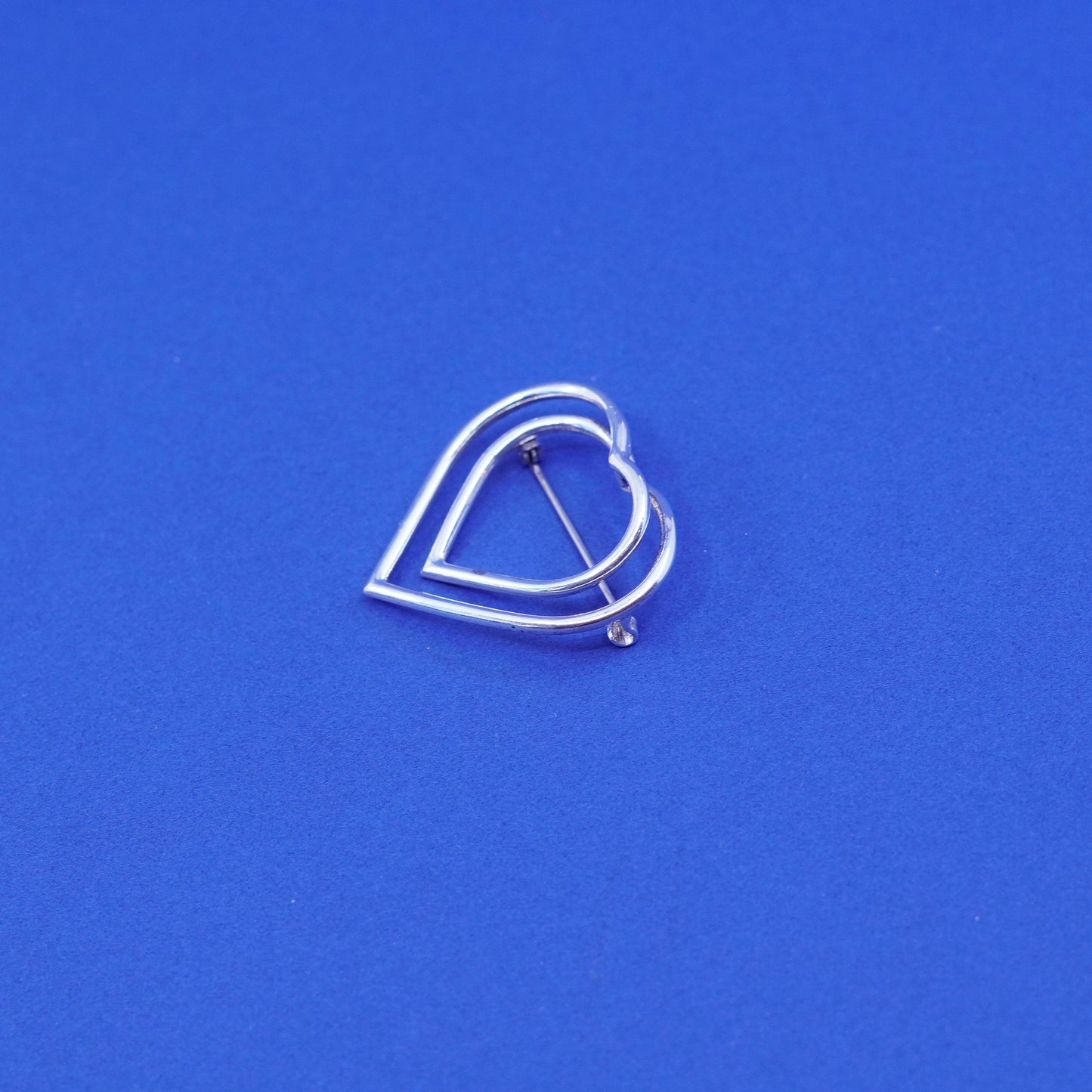 Vintage sterling silver handmade brooch, 925 double heart pin