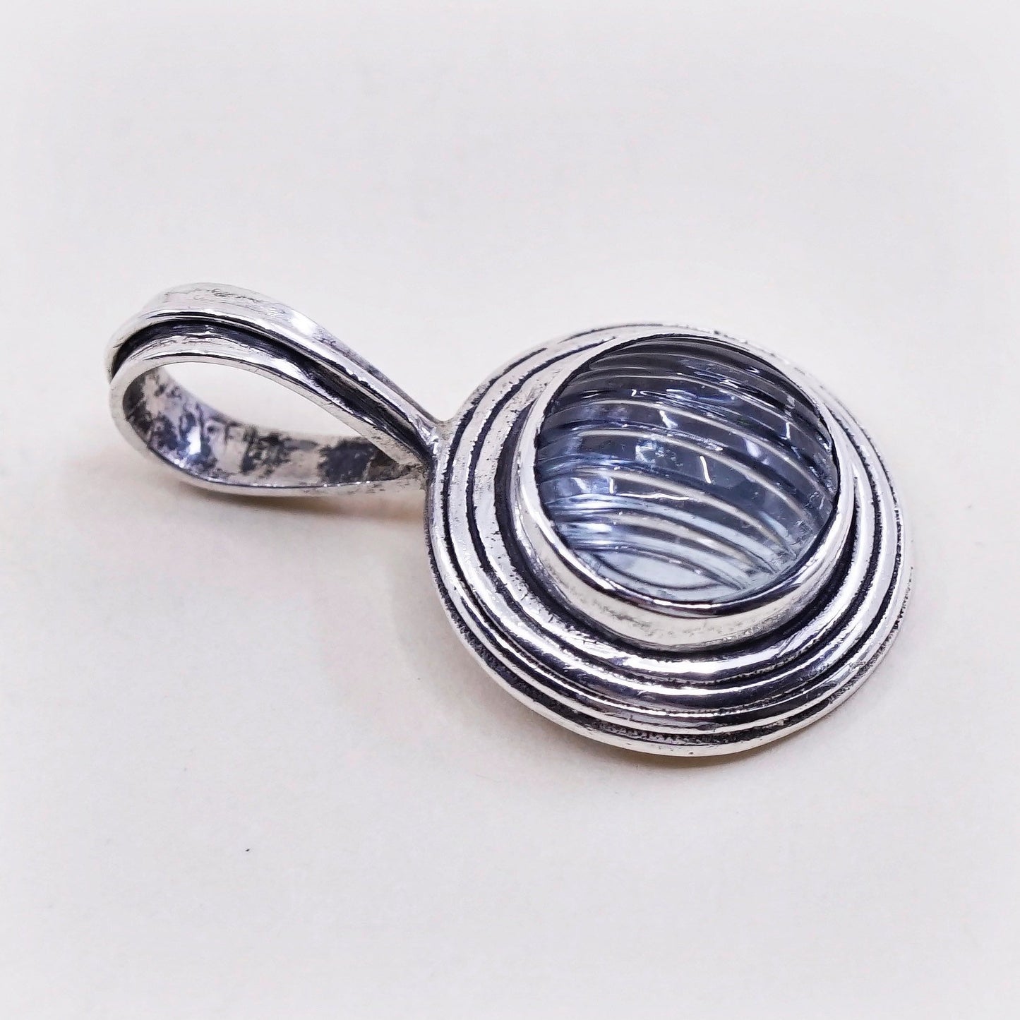 Vintage Israel sterling silver pendant, 925 silver with light blue glass