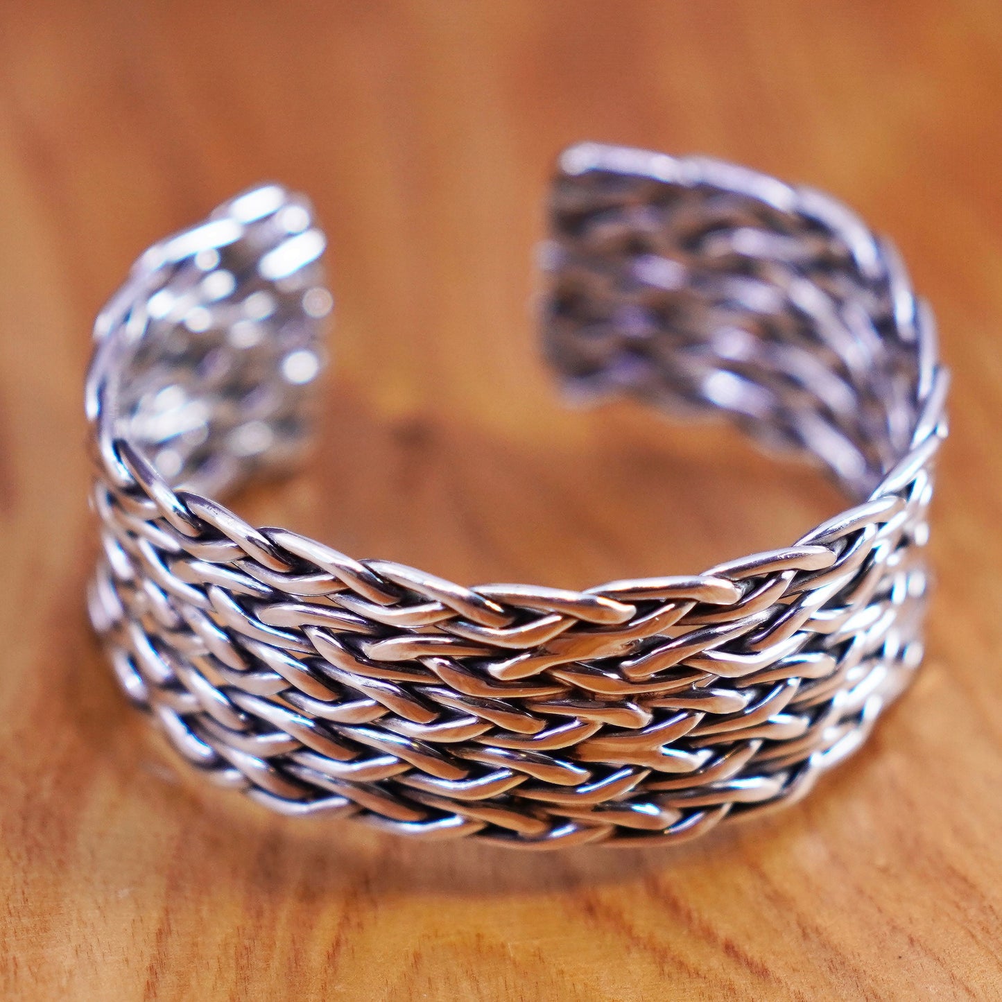 6”, vtg Sterling silver handmade bracelet, wide 925 braided woven cable cuff