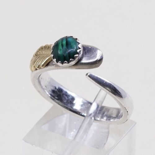 Size 8, Vintage Two Tone Open Ring, Silver Tone W/ Brass Leaf And Abalone
