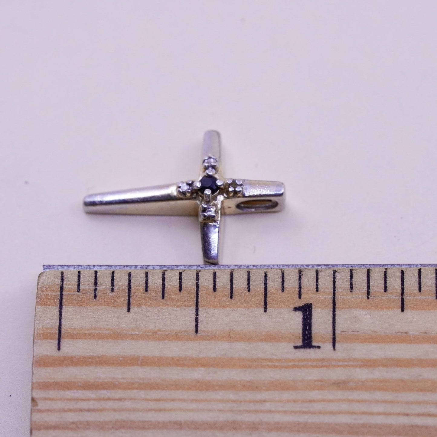 Vintage sterling 925 silver pendant, cross with genuine diamond and sapphire