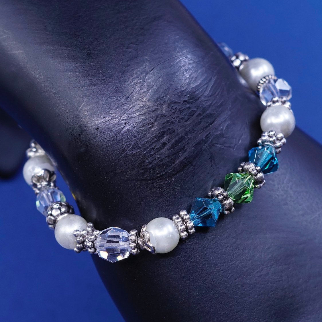 7”, vtg sterling silver handmade bracelet, 925 w/ pearl, green crystal beads