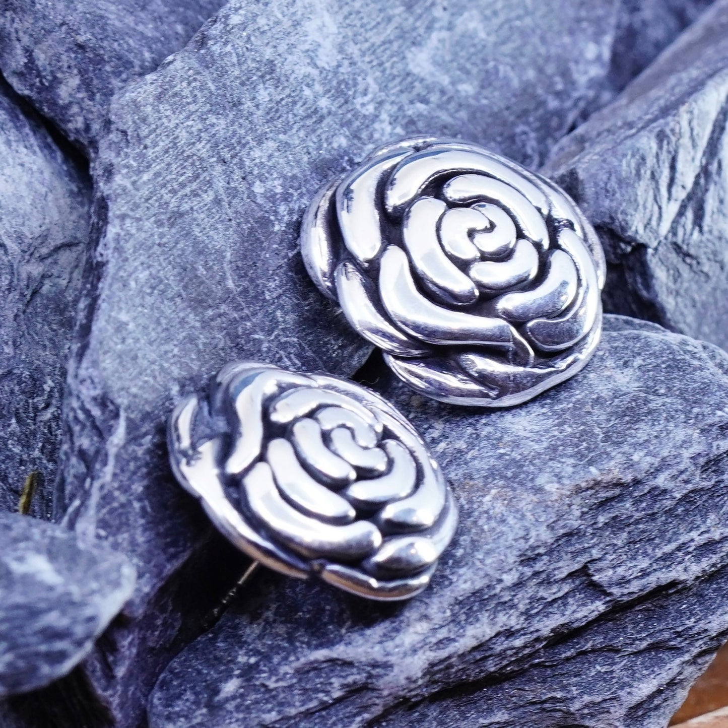 Vintage Sterling silver handmade earrings, 925 rose flower studs
