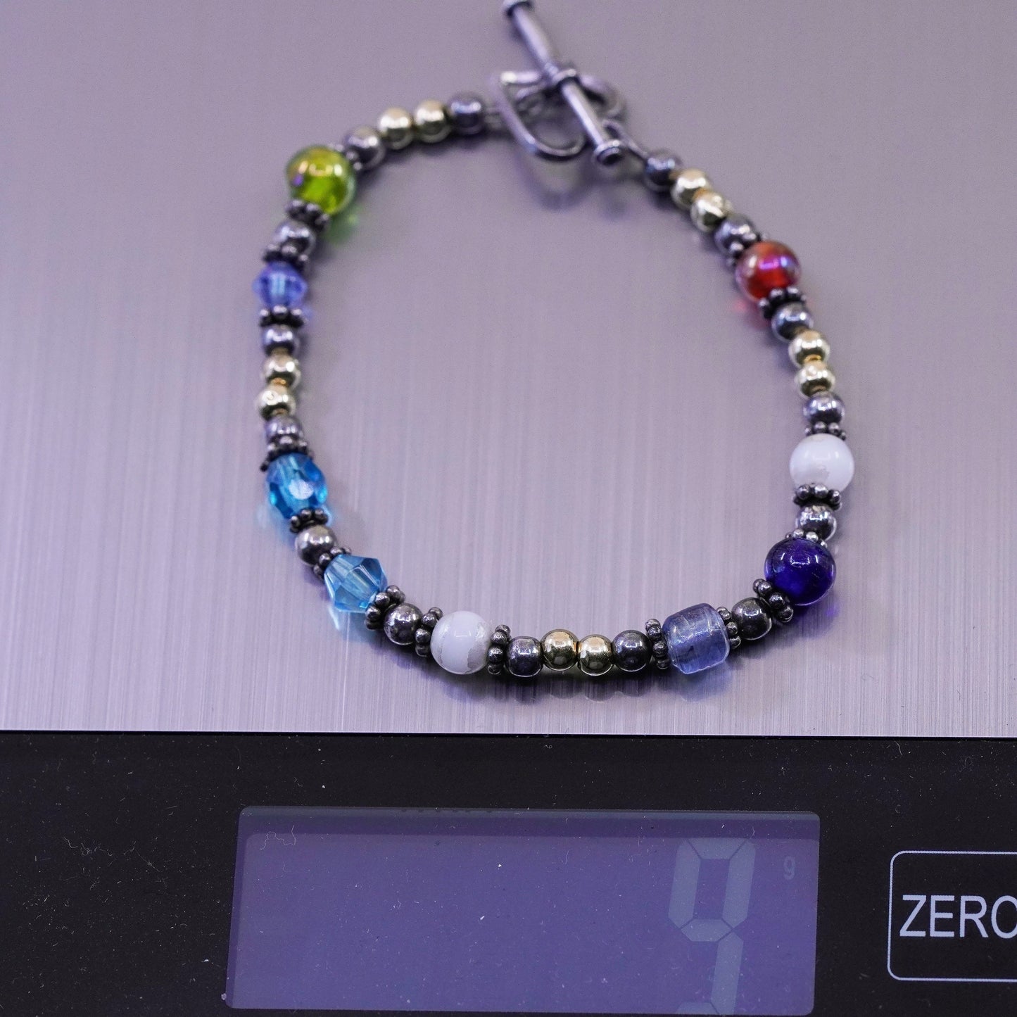 7”, Sterling 925 silver bracelet with 14K gold beads and heart toggle closure