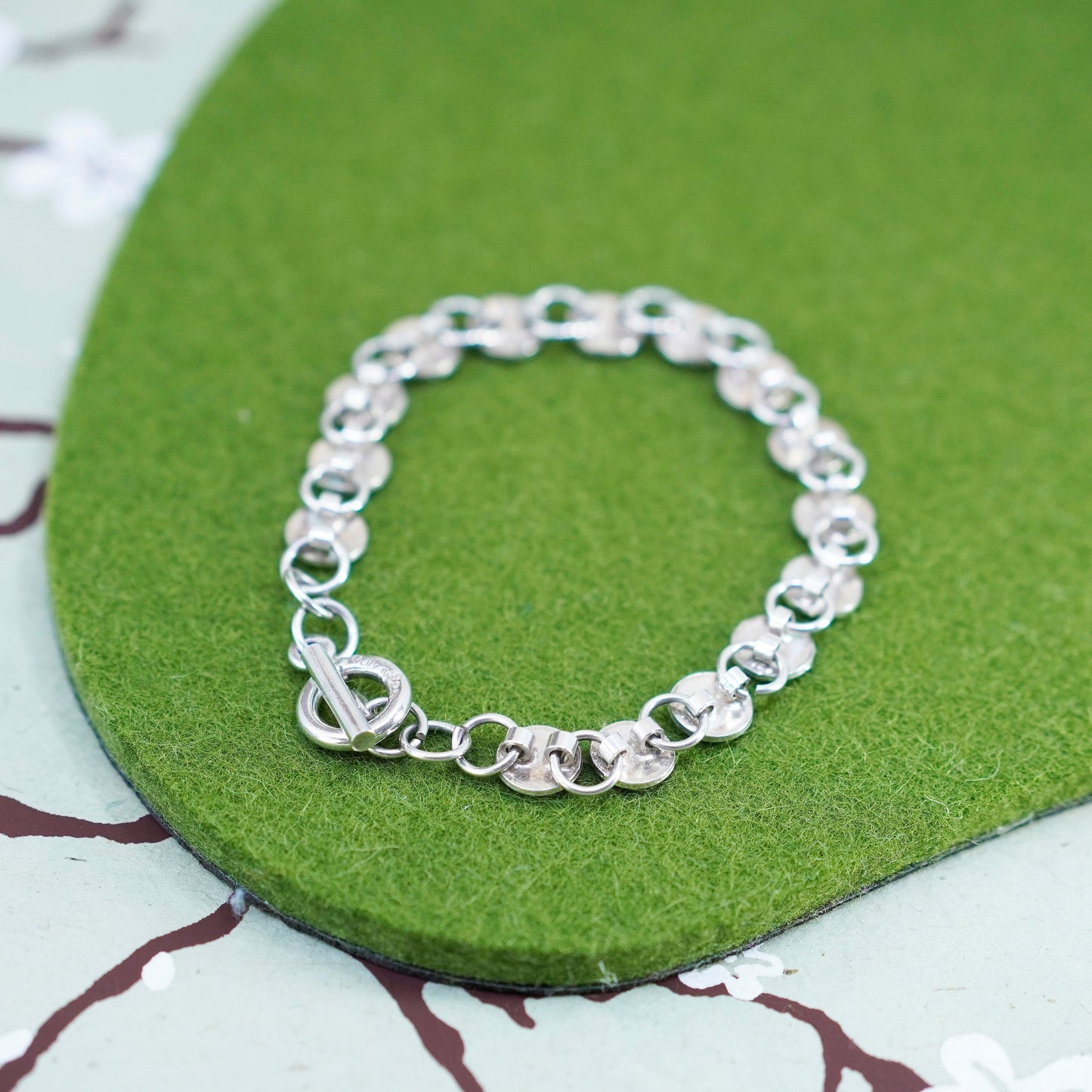 7”, 8mm, Vintage sterling 925 silver bracelet with circle disc details
