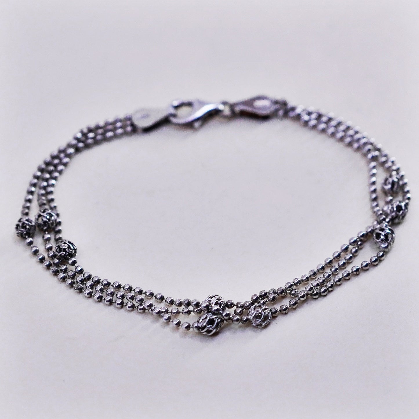 7”, Native American sterling 925 silver silver multi strands bead chain bracelet