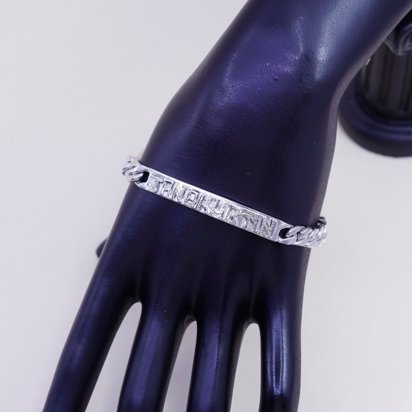 7.5”, Sterling silver handmade bracelet, 925 curb chain name tag jane kurtin