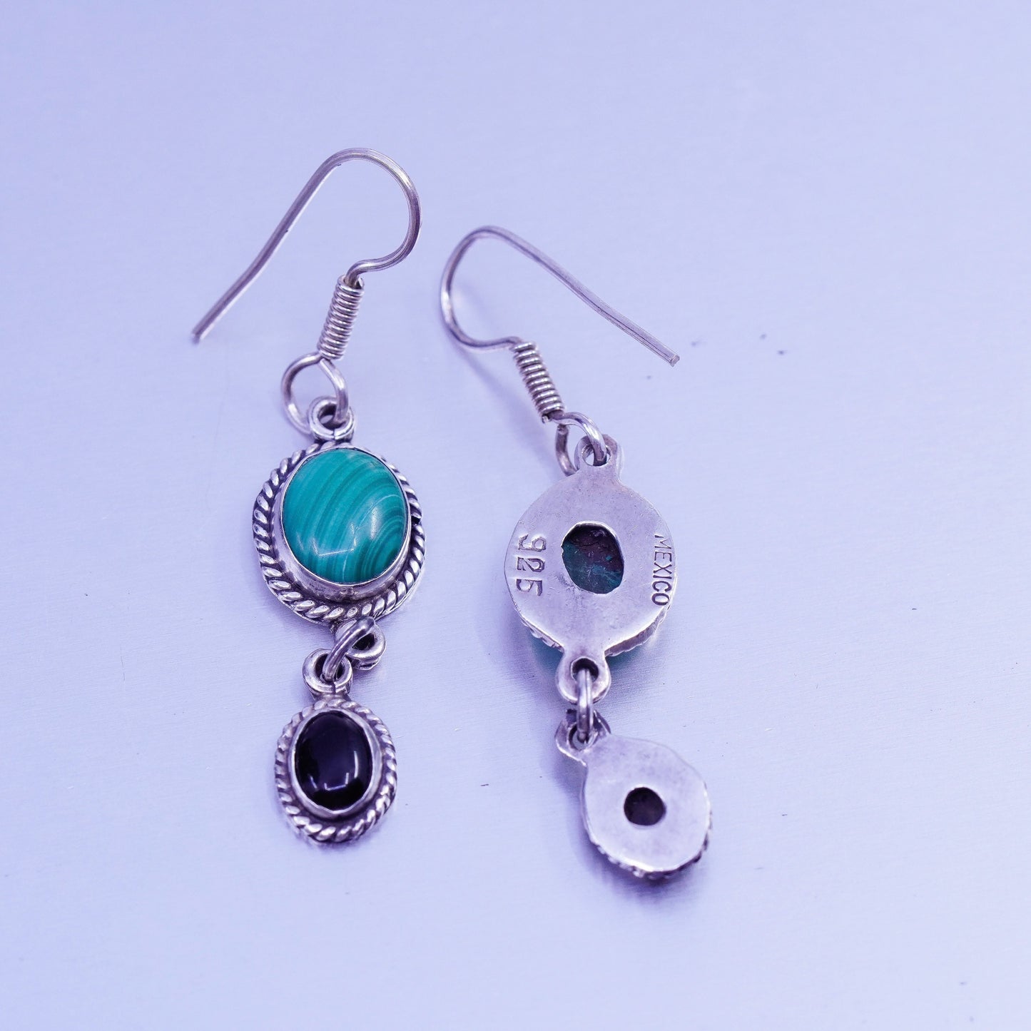 Vintage Sterling 925 silver oval earrings with malachite and obsidian