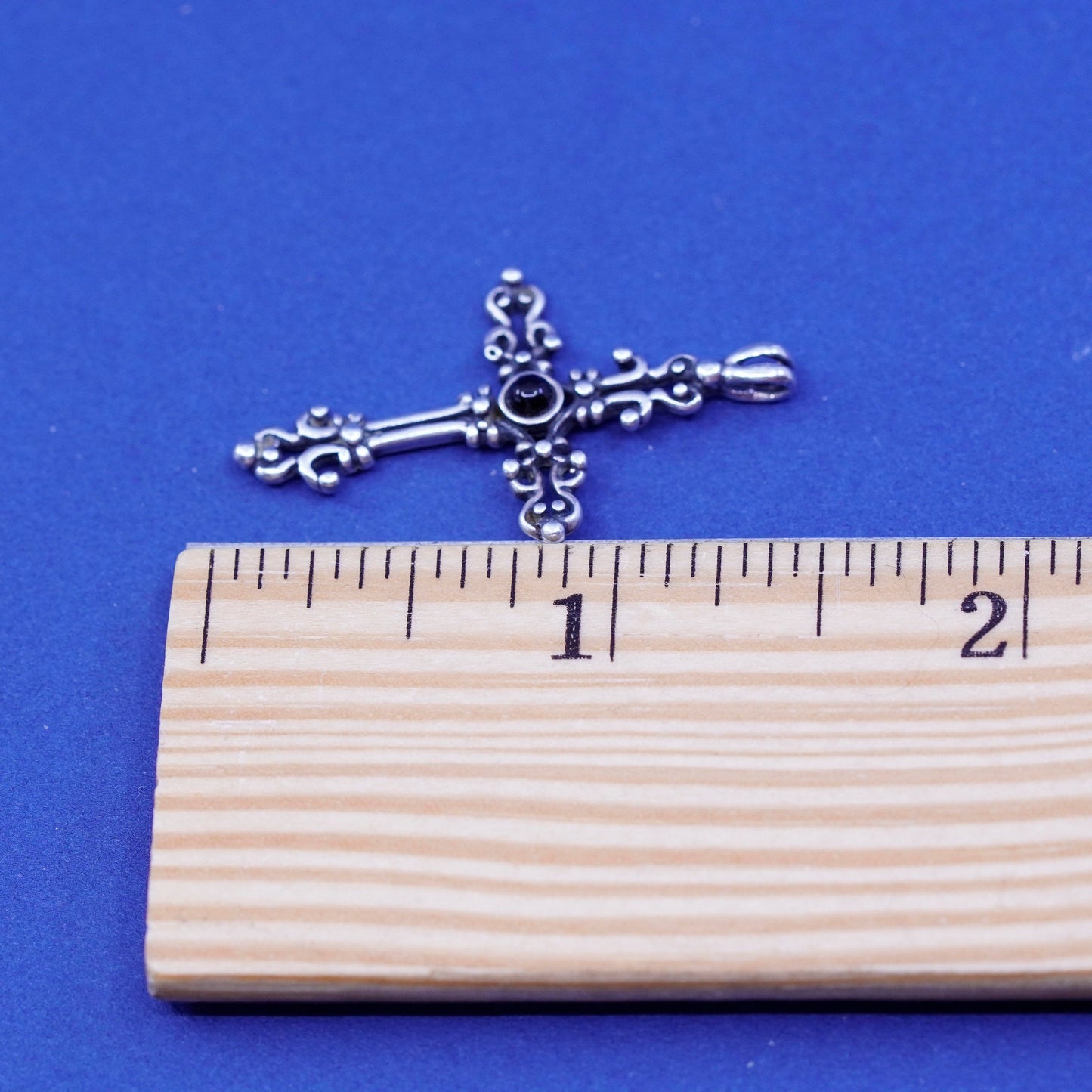 Vintage Sterling silver handmade pendant, 925 bali cross with obsidian