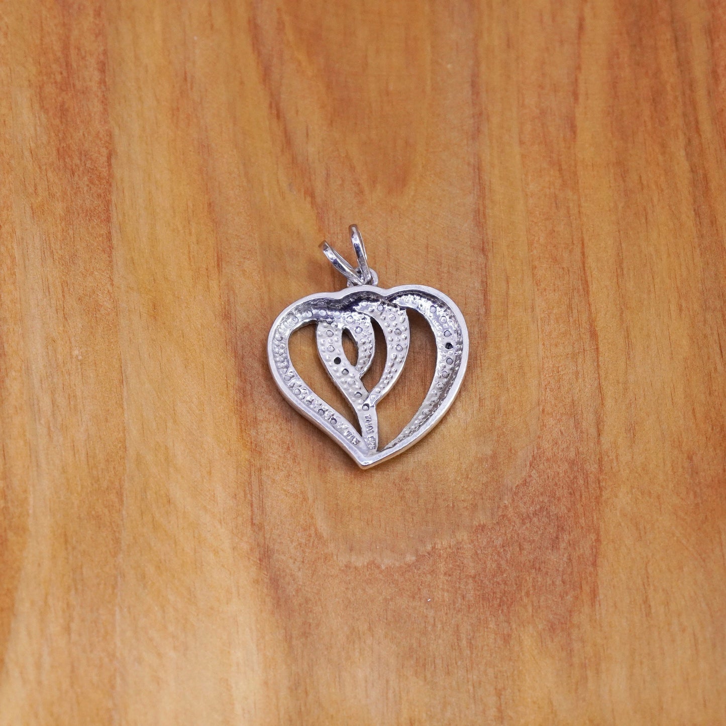 Vintage sterling silver pendant, 925 double heart with genuine diamond