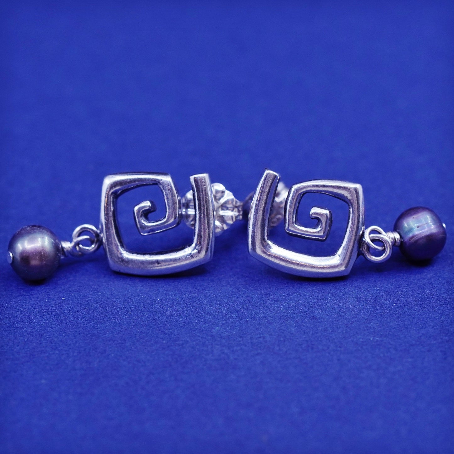 Carolyn pollack Sterling Silver handmade Earrings 925 swirl dangles black pearl