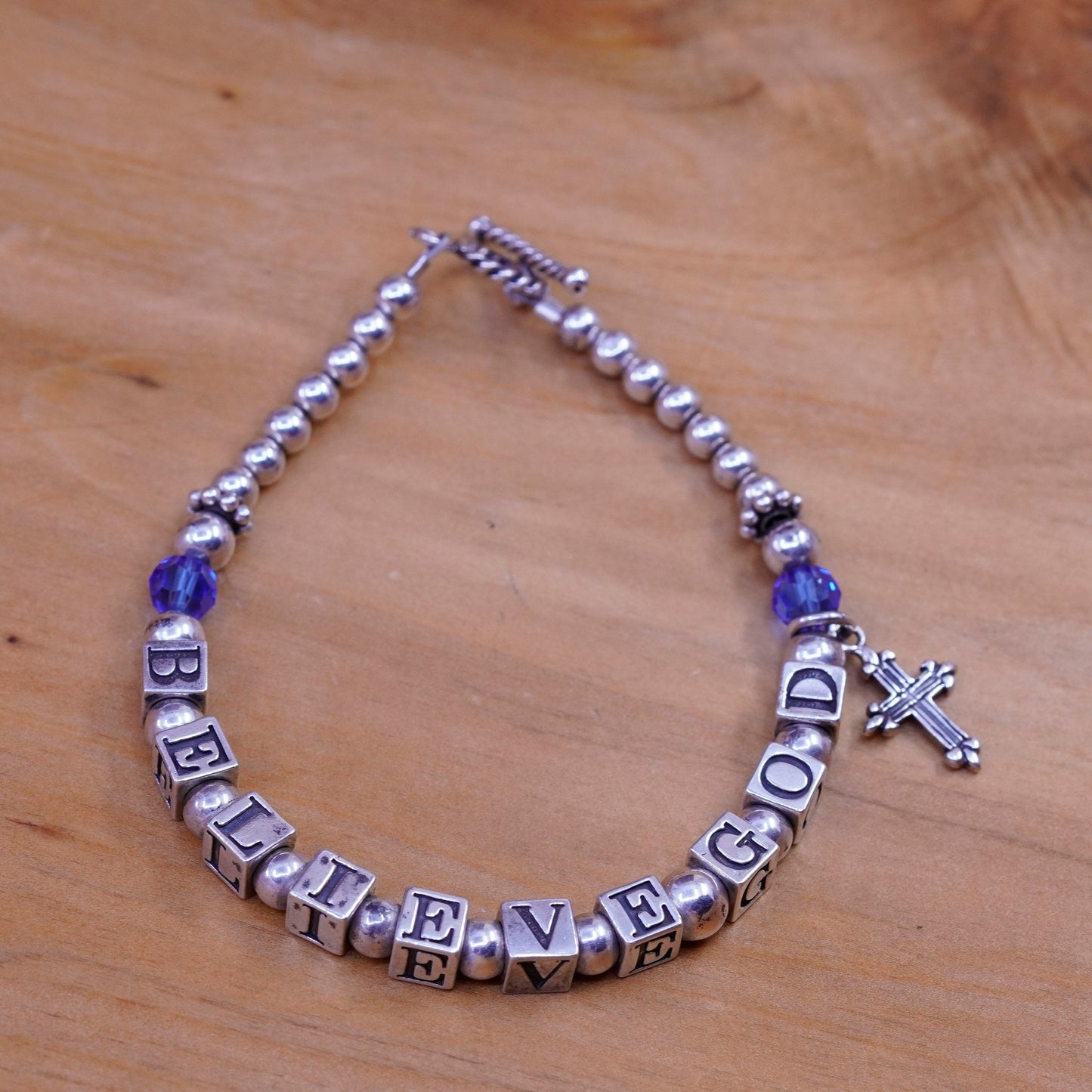 7”, Sterling 925 silver bracelet amethyst beads “believe god” cubes cross charm