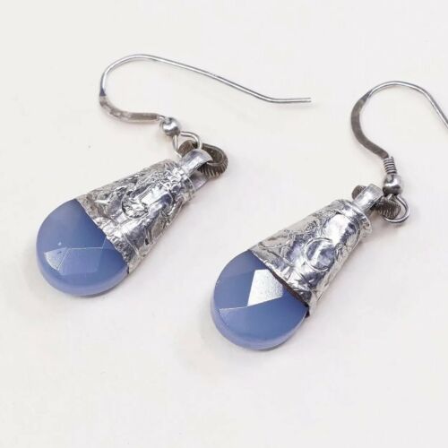Vtg handmade Sterling 925 Silver earrings, Teardrop Crystal Cluster Dangles