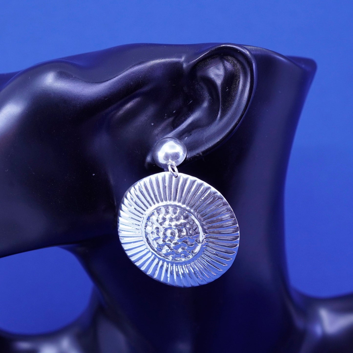 Vintage Sterling Silver handmade Earrings. Huge 925 ribbed circle disc