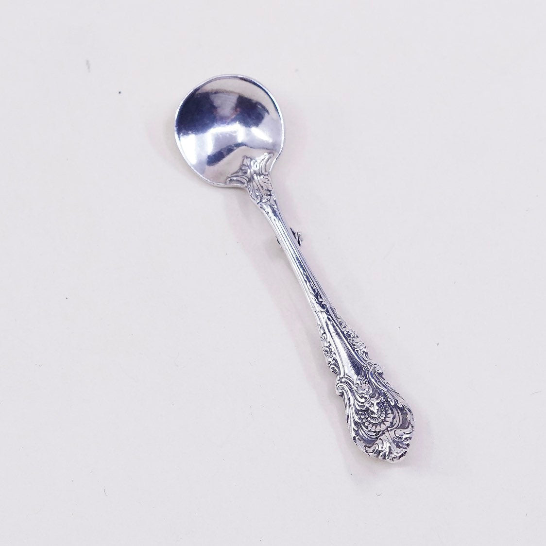 Vintage sterling silver handmade brooch, solid 925 silver spoon pin