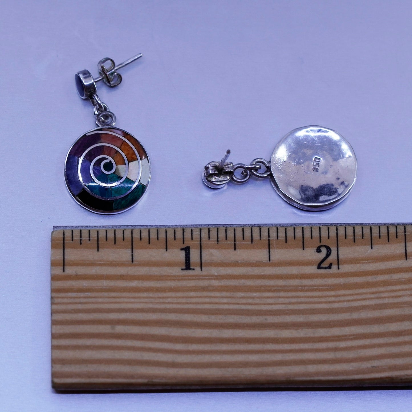Sterling 950 silver earrings, Peruvian Inca silver turquoise, MOP carol chakra