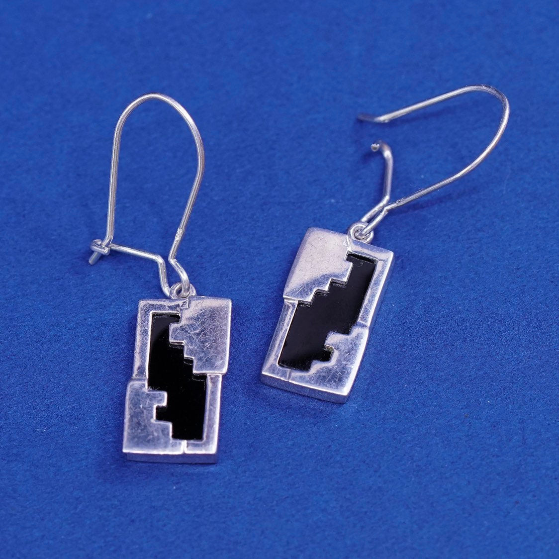 Vintage Sterling silver handmade earrings, 925 w/ long obsidian
