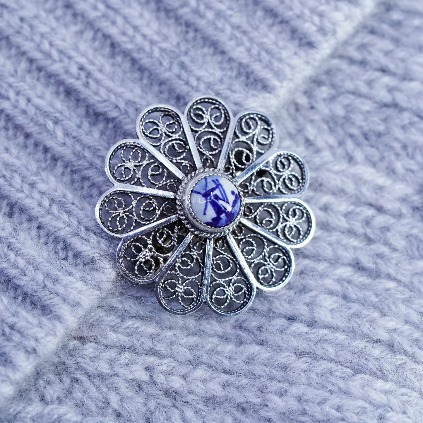 Vintage sterling silver handmade flower brooch, 925 Holland windmill pin