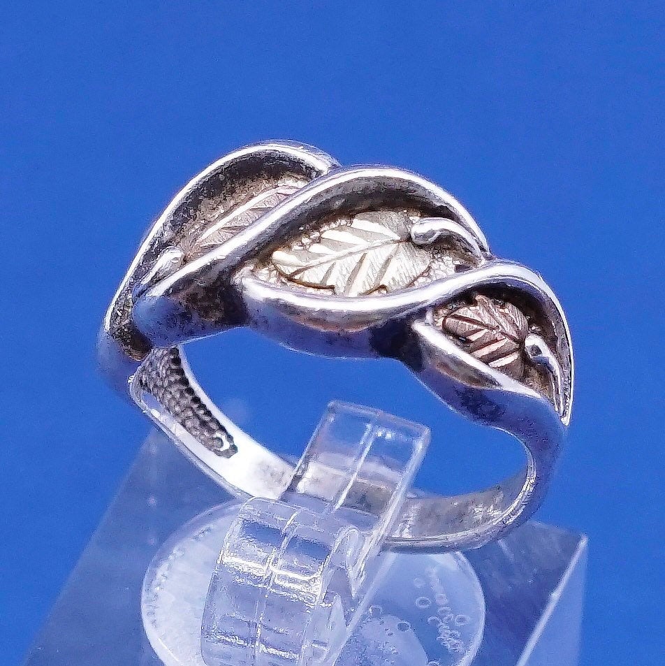 Size 7.25, vtg two tone 12K leaves w/ Sterling 925 silver handmade ring