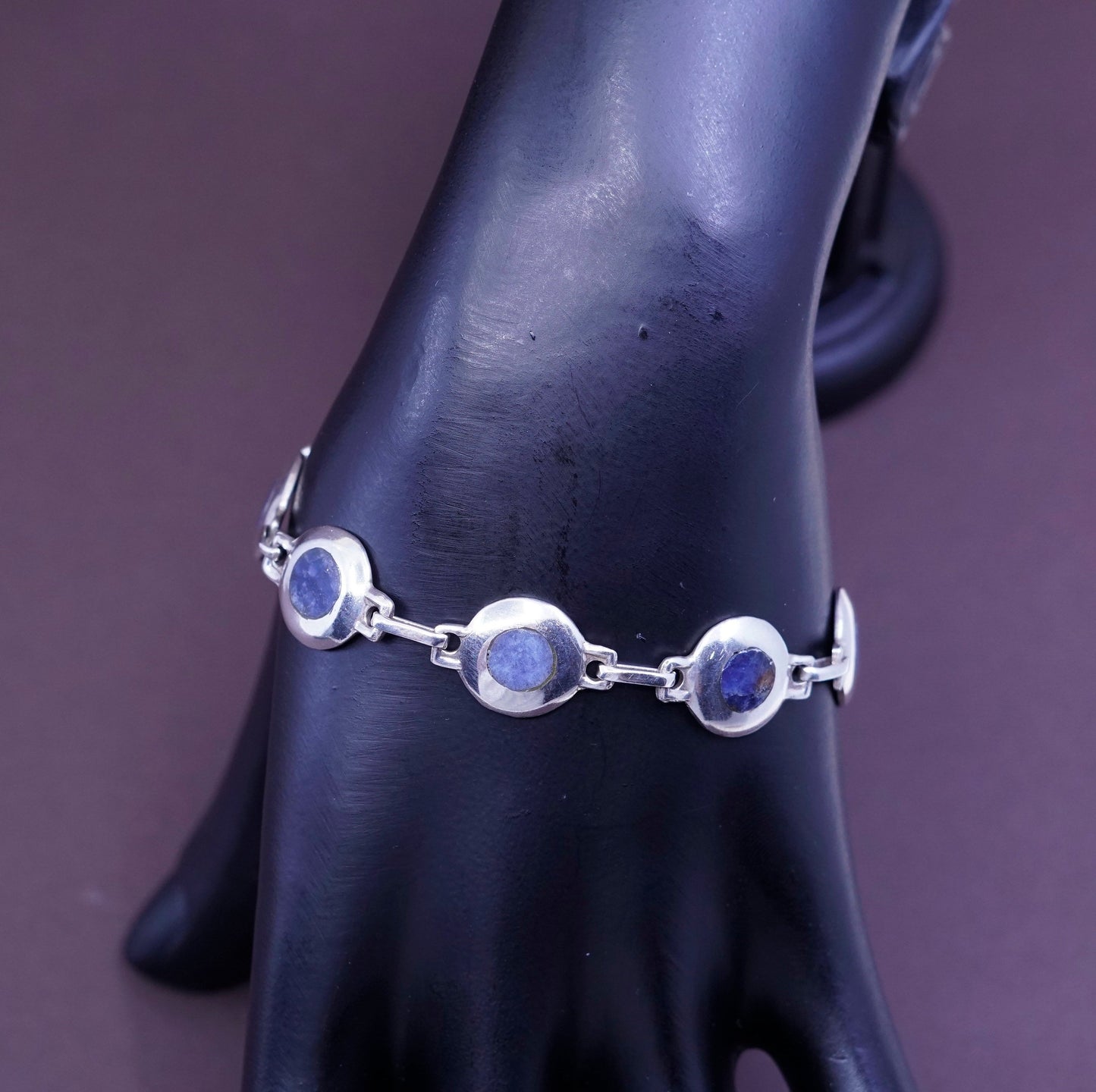 6.5”, vtg SW Sterling silver handmade bracelet, Mexico 950 disc with sodalite