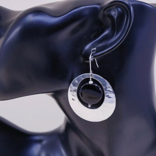 Vintage Sterling Silver Handmade Earrings, 925 Huge Hammered Circle W/ Obsidian