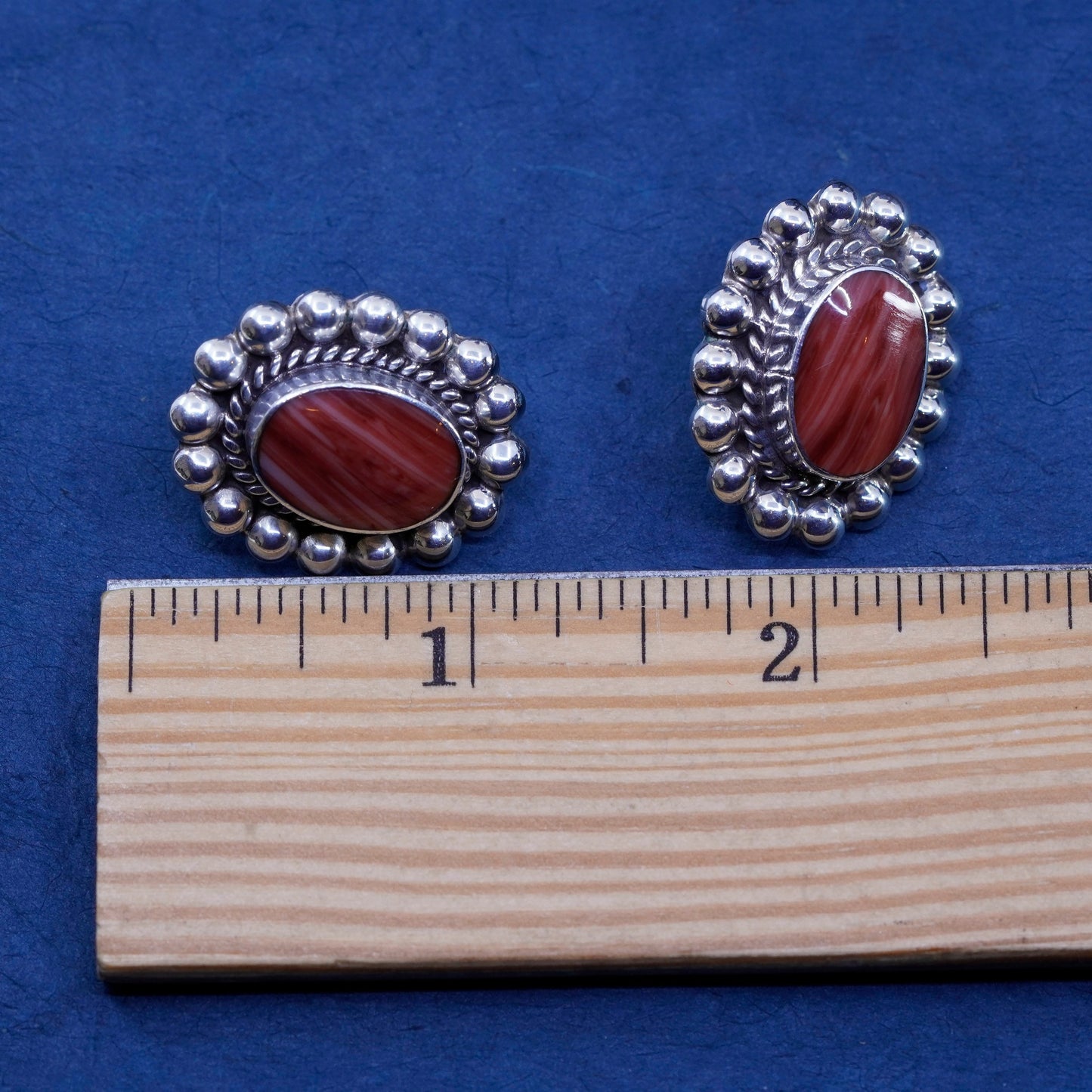 Vintage sterling silver handmade earrings, 925 oval studs with red agate beads