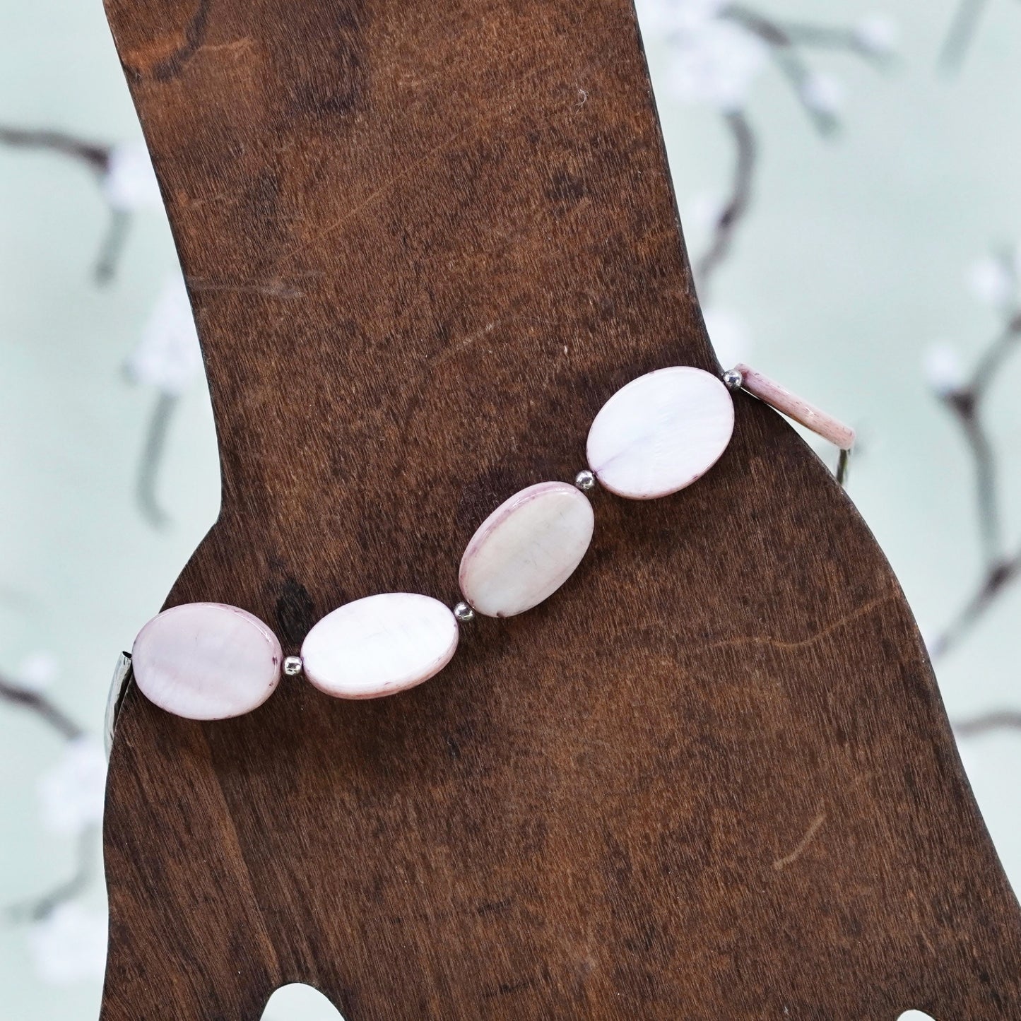 7+3”, Sterling silver bracelet, Mexico 925 chain with pink mother of pearl