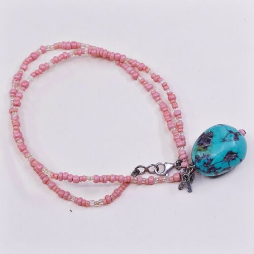 16”, Vtg Handmade Sterling 925 Silver W/ green turquoise Necklace N Coral Beads
