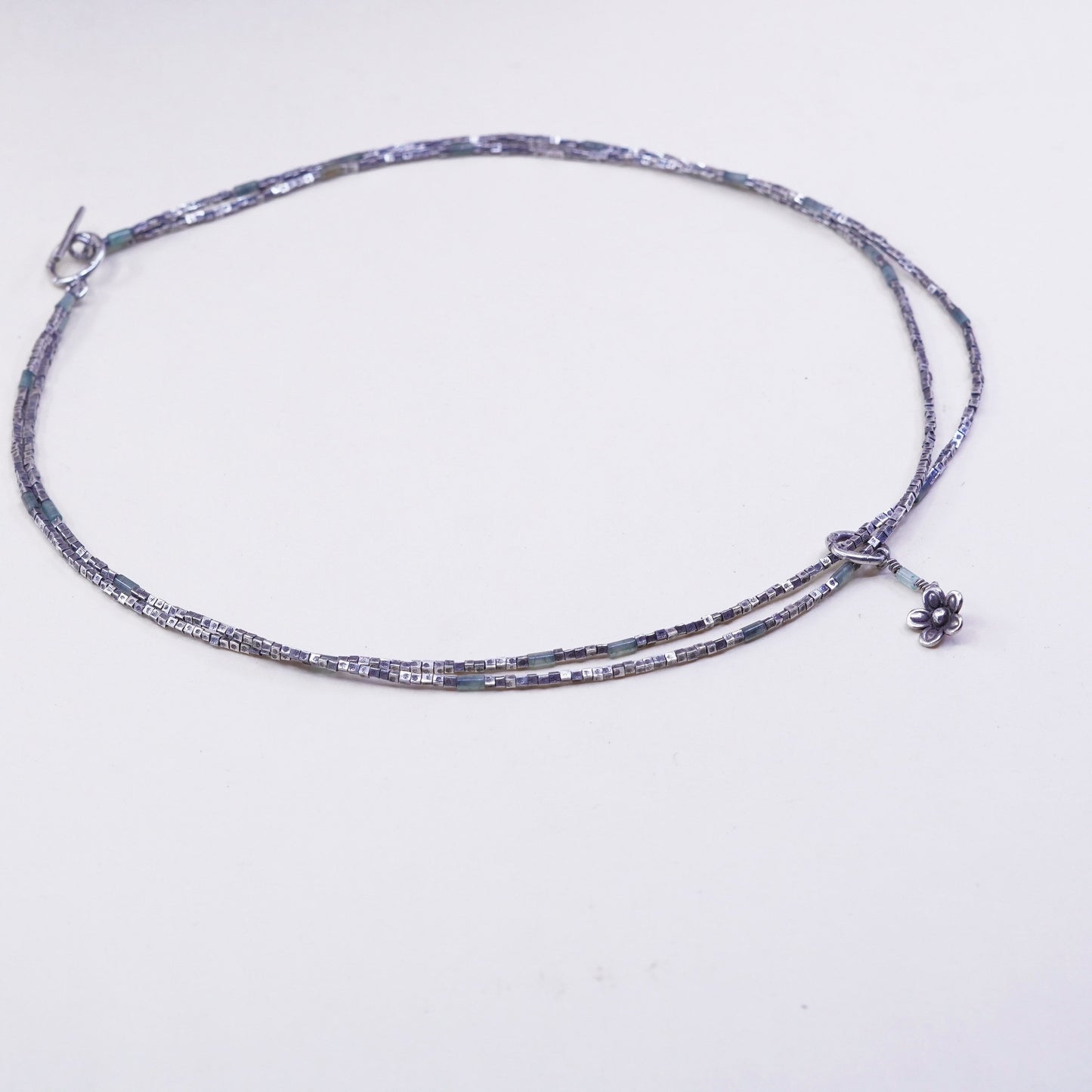 18”, Sterling silver double strands necklace 925 nugget chain w/ flower pendant
