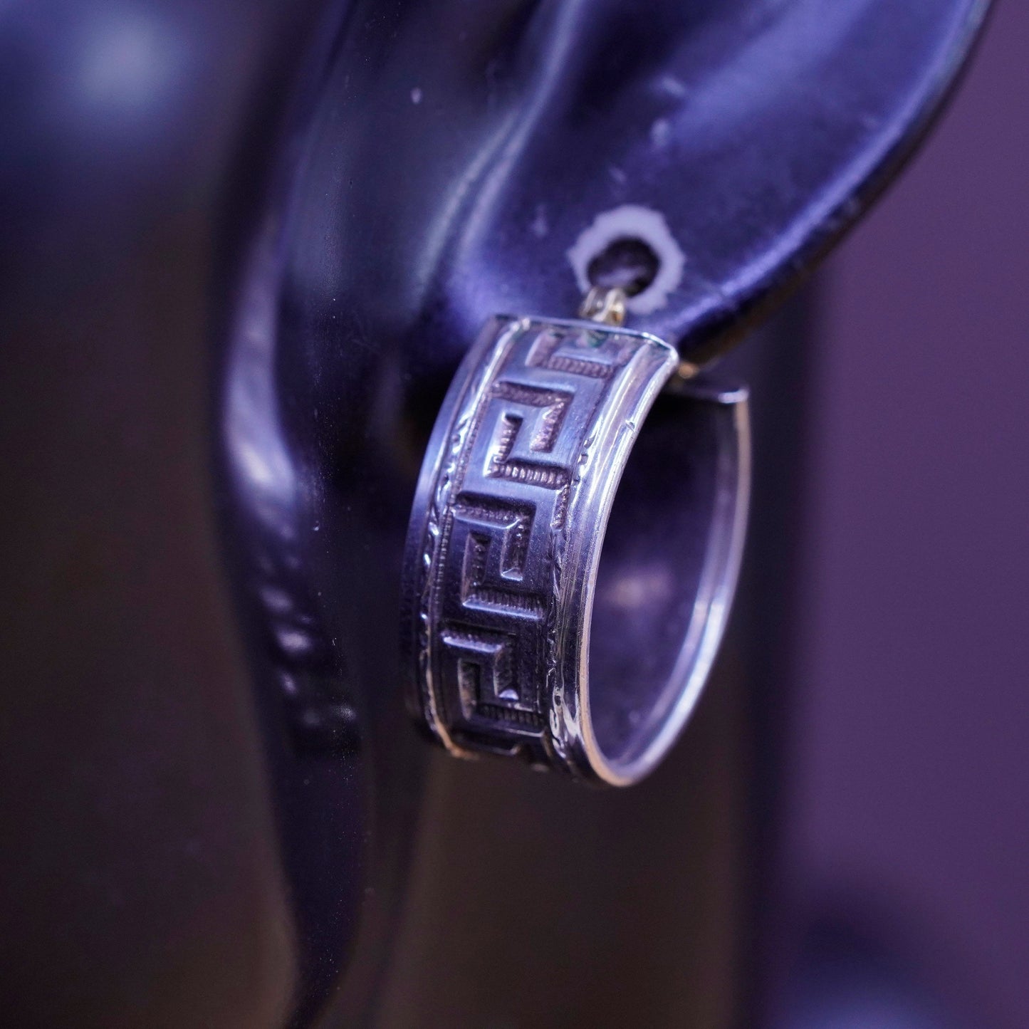 0.75”, Sterling silver handmade earrings 925 Greek key textured hoops 14K posts