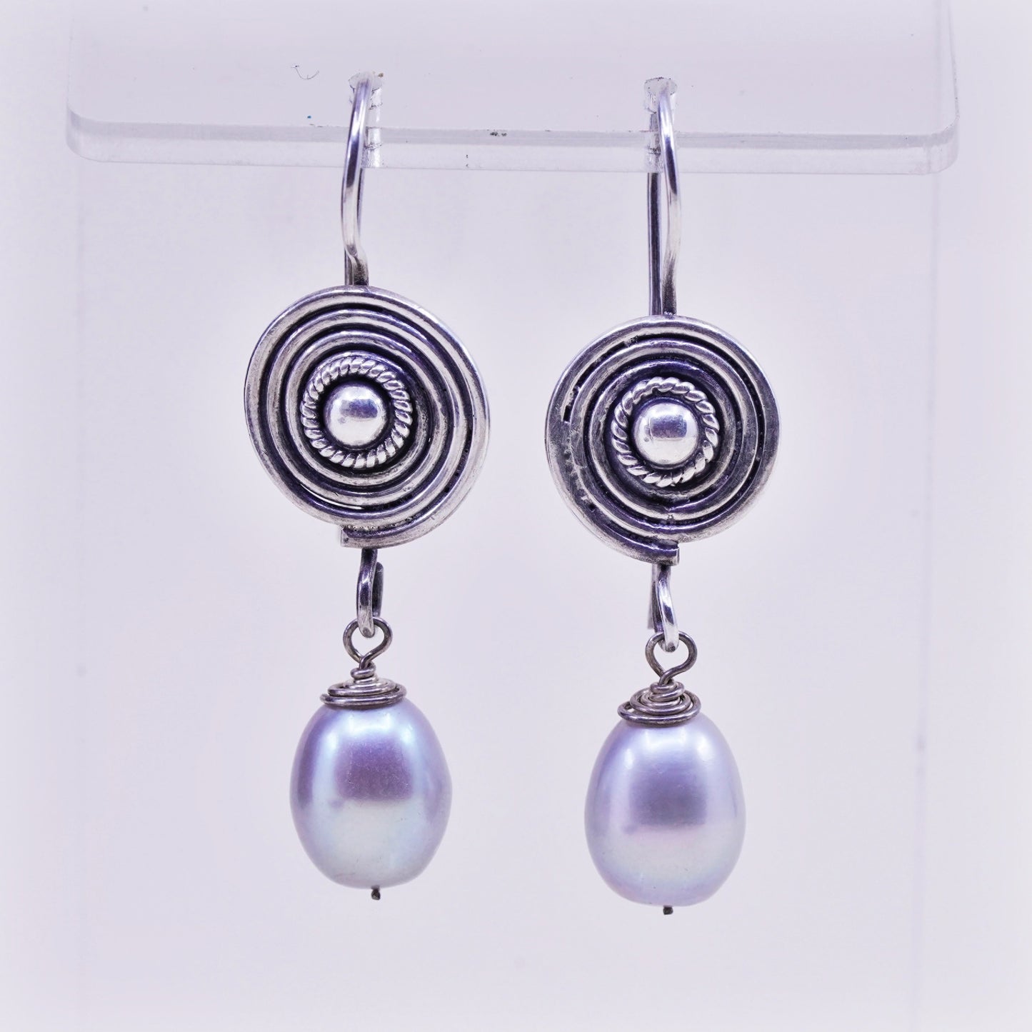 Vintage Sterling silver handmade earrings, 925 swirly dangles with pearl