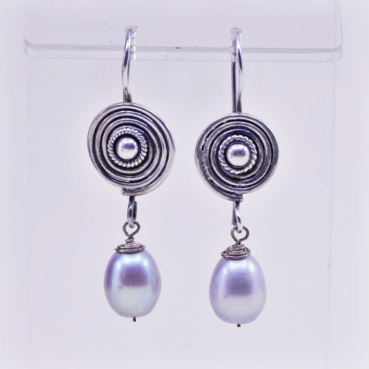 Vintage Sterling silver handmade earrings, 925 swirly dangles with pearl