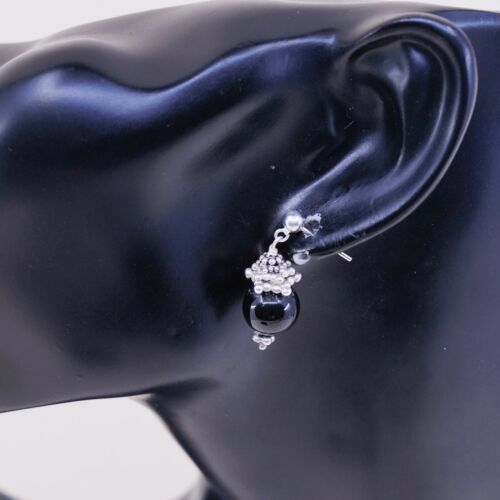 Vintage Sterling Silver Handmade Earrings, 925 Dangles W/ Obsidian N Besds