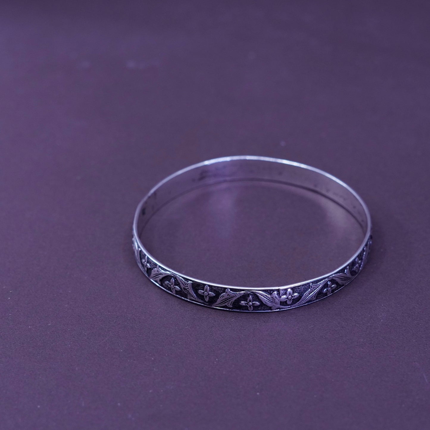7.75”, Vintage Sterling silver handmade bracelet, 925 floral textured bangle