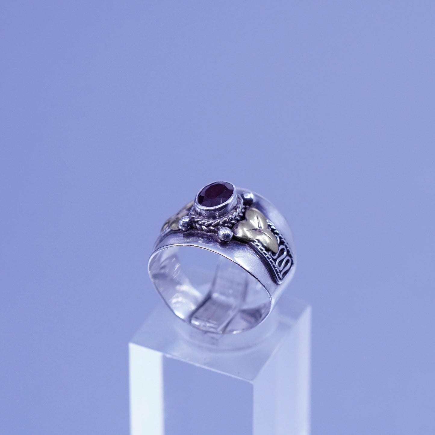 Size 6.25, vintage Sterling 925 silver handmade wide ring with ruby and cable