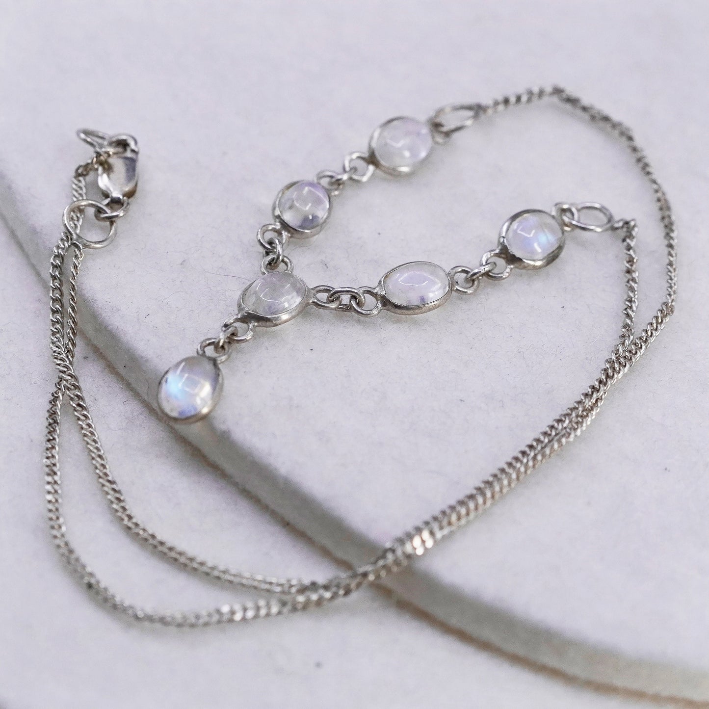 16”, vintage Sterling 925 silver handmade curb necklace with moonstone pendant