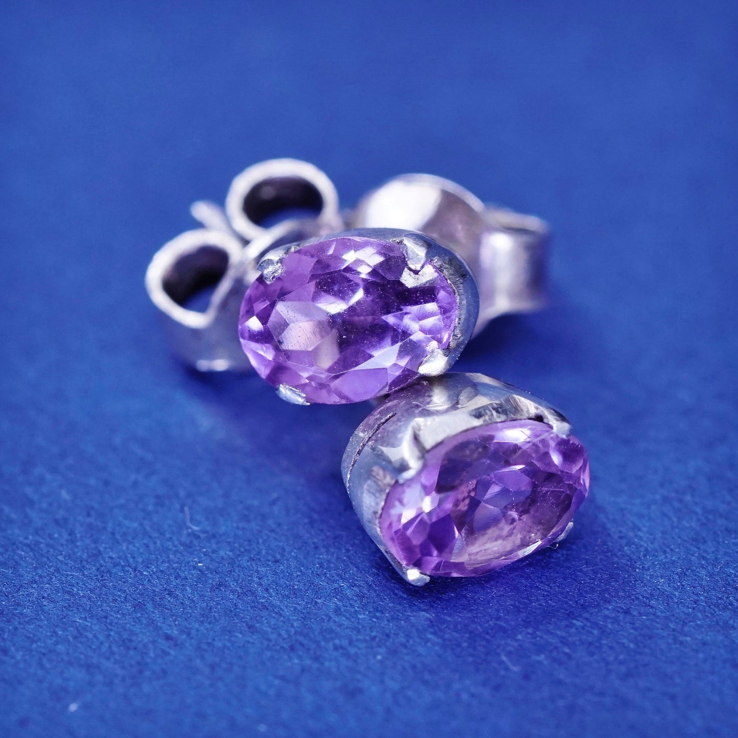 Vintage sterling silver handmade earrings, 925 studs with amethyst