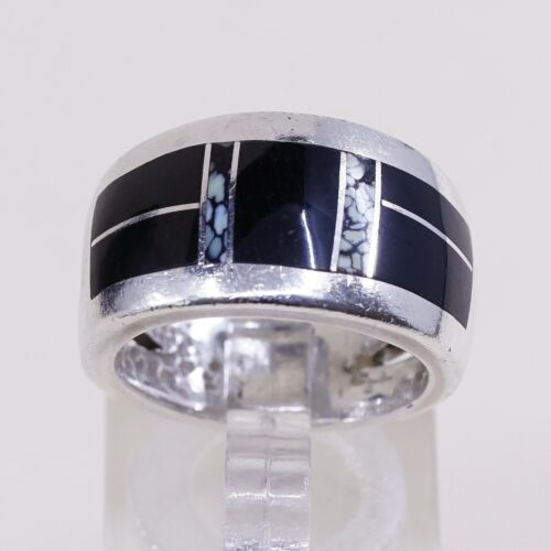 Sz 6.25, Zuni Sterling Silver Handmade Ring, 925 Band W/ Obsidian N Turquoise