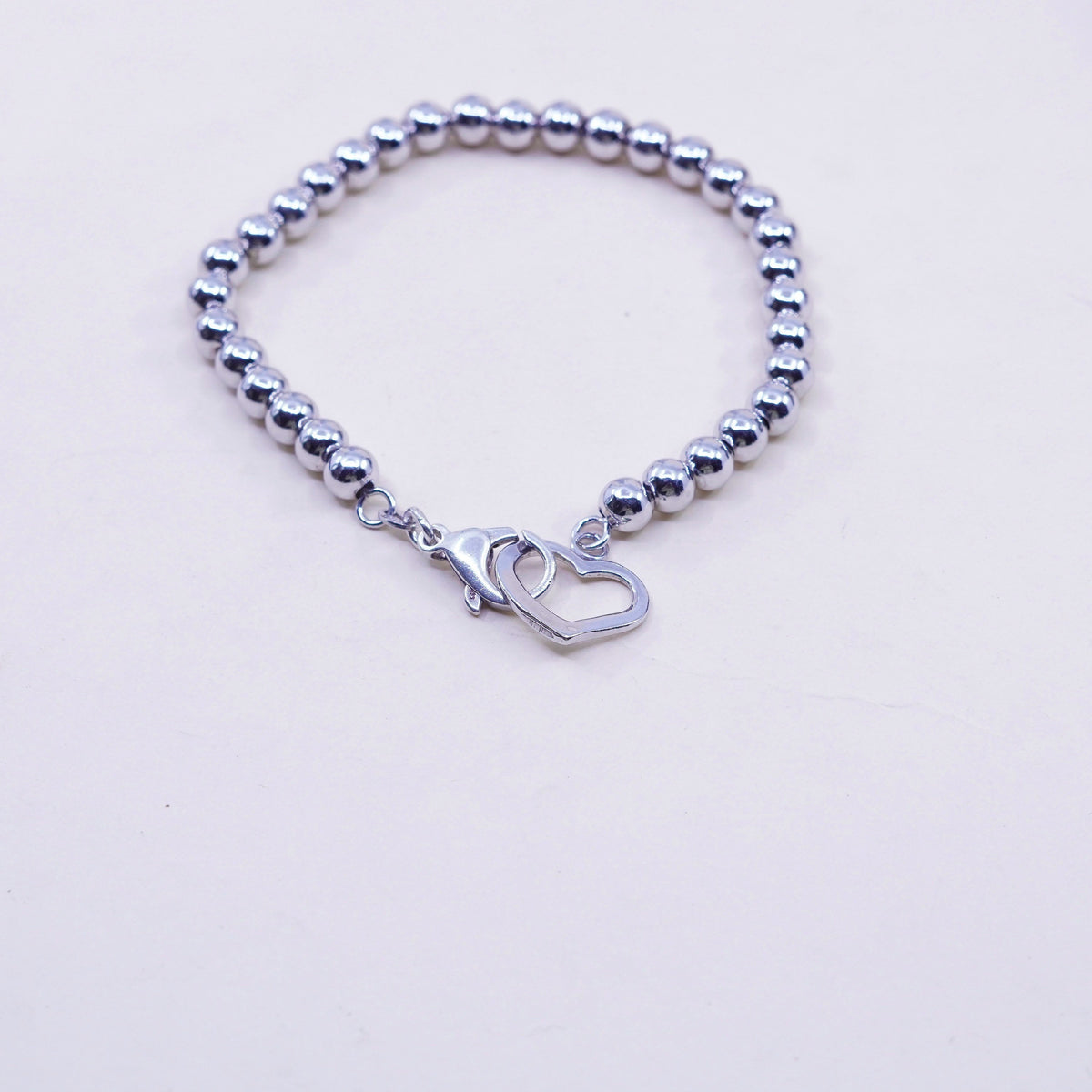 8”, 6mm, Sterling silver handmade bracelet, 925 beads chain with heart charm