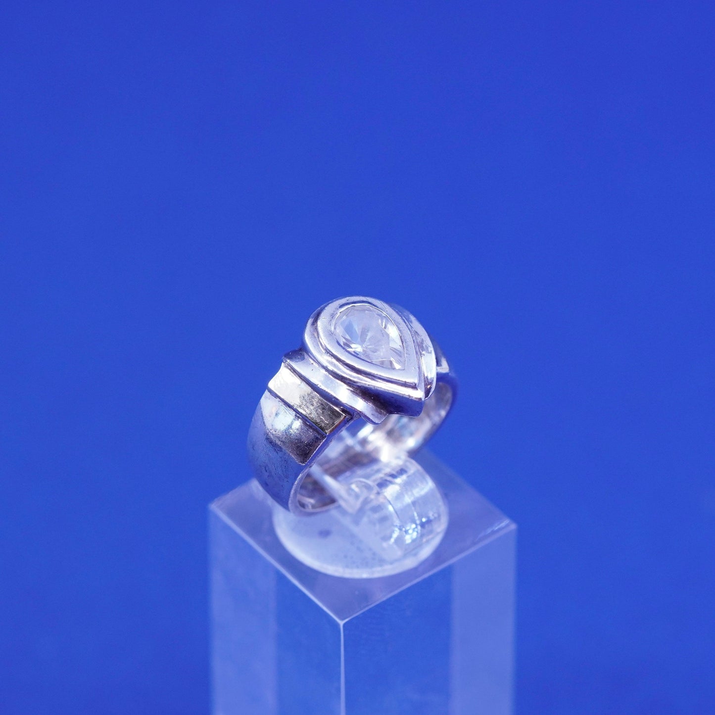 Size 6, vtg Sterling silver handmade ring, 925 statement band with teardrop cz
