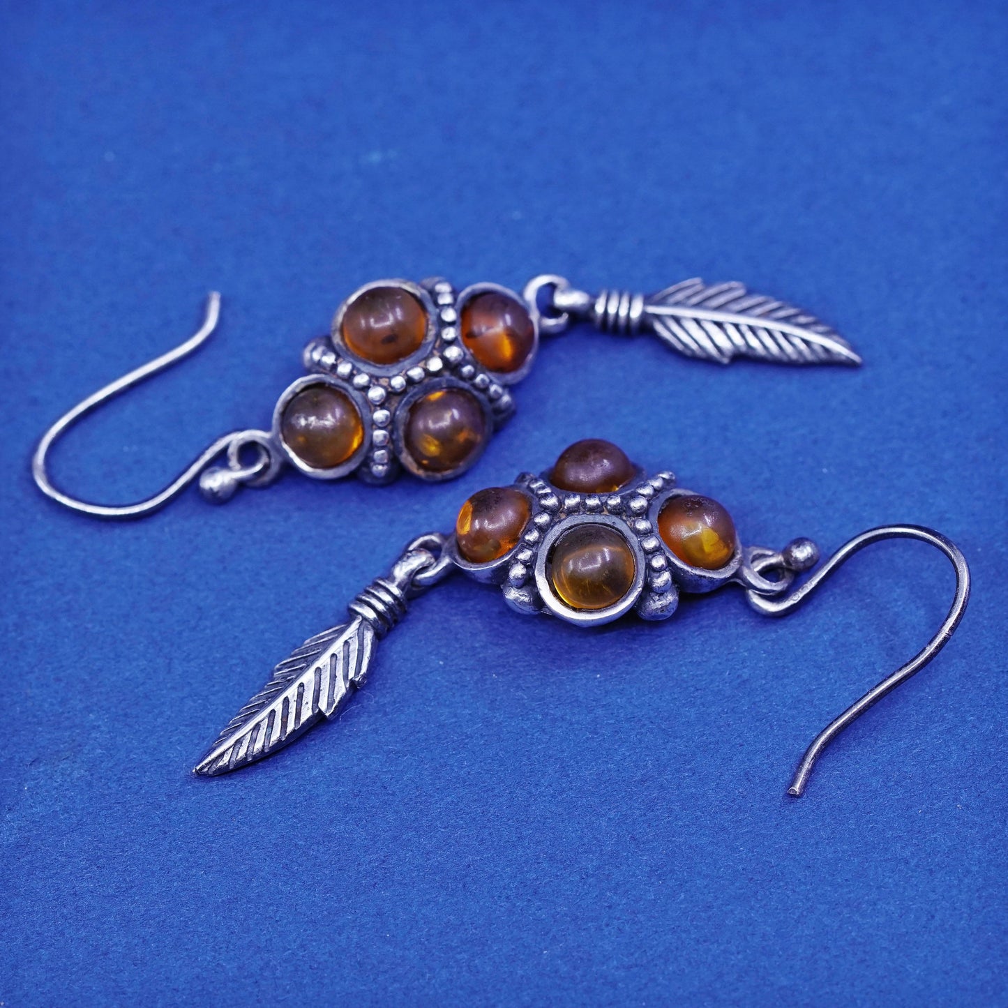 Vintage sterling 925 silver handmade earrings with amber and feather drop