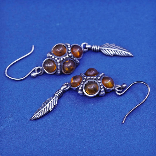 Vintage sterling 925 silver handmade earrings with amber and feather drop