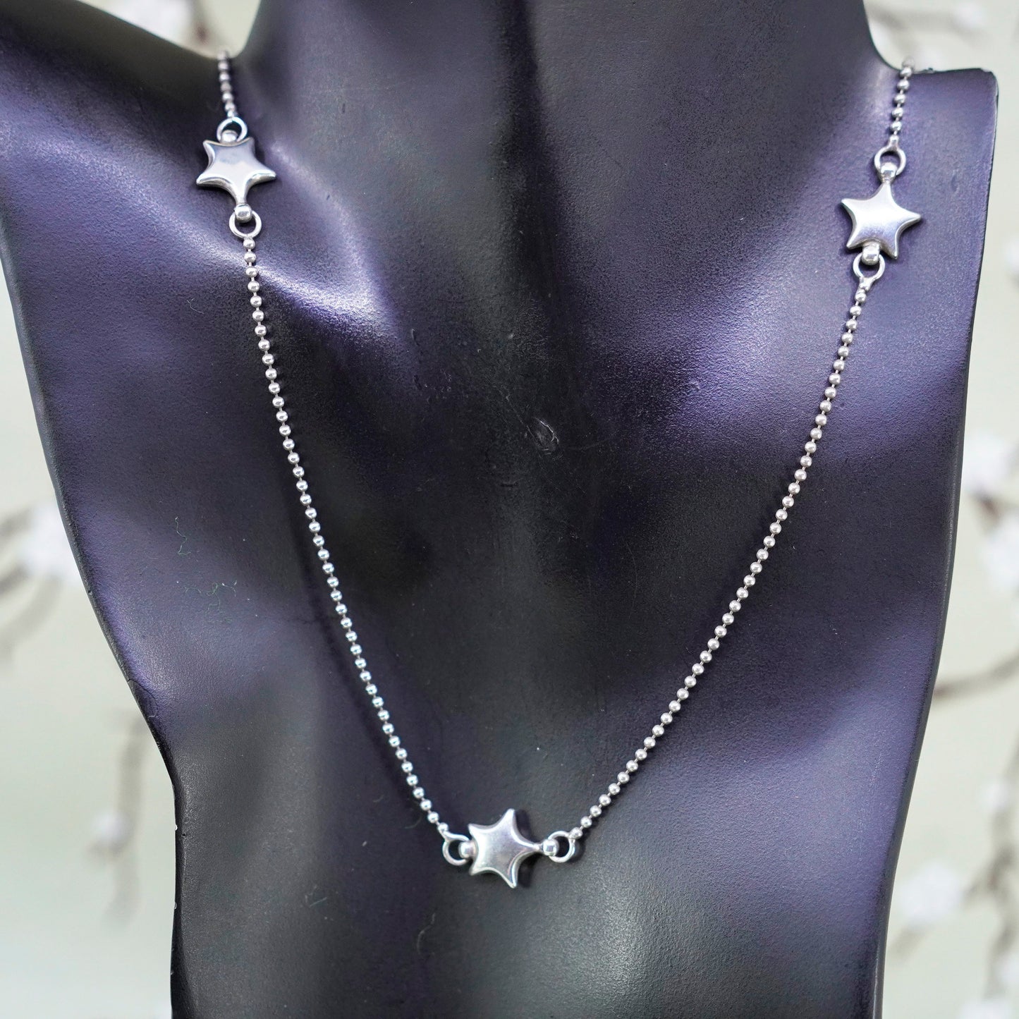 28”, vintage sterling silver 925 necklace, bead chain with star details