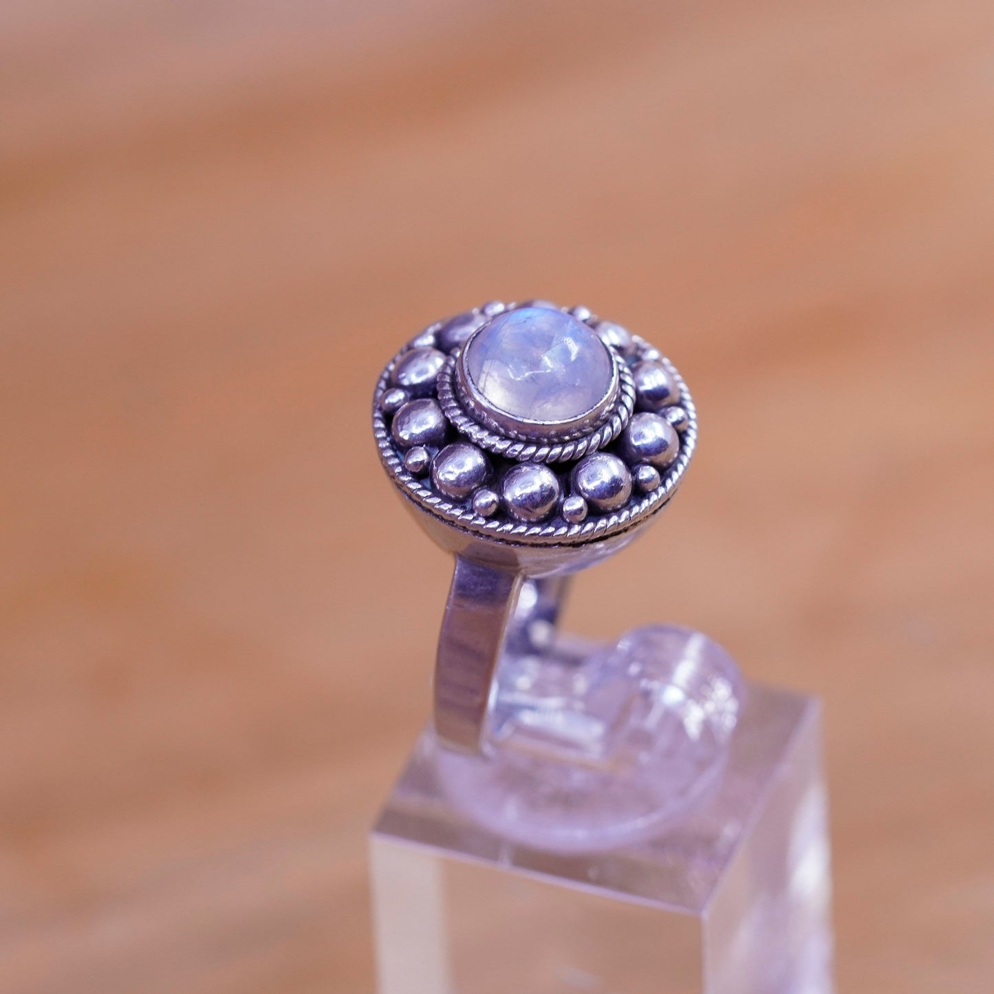 Size 6, vintage sterling 925 silver handmade ring with moonstone beads around