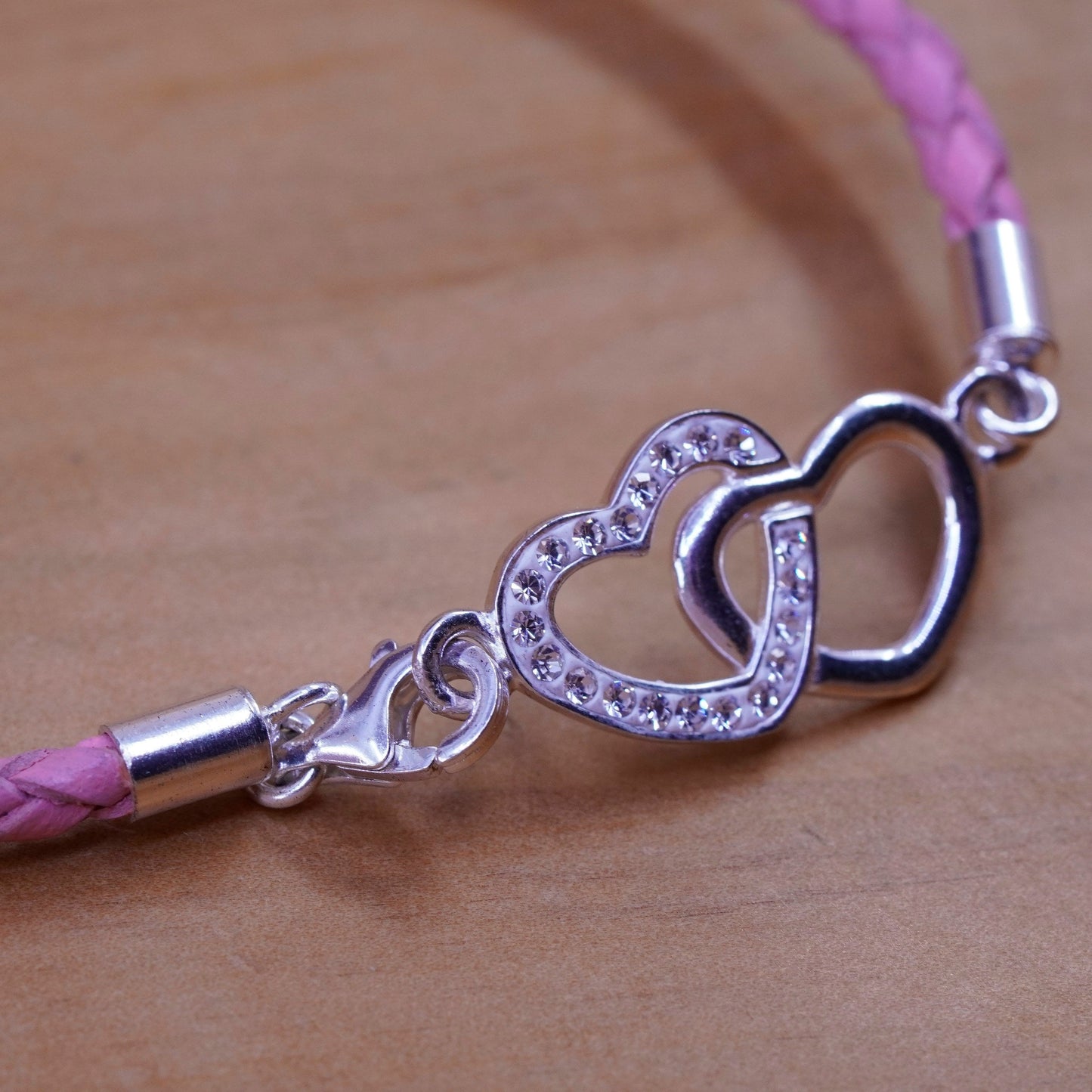 7”, braided woven leather bracelet with sterling 925 silver double heart charm