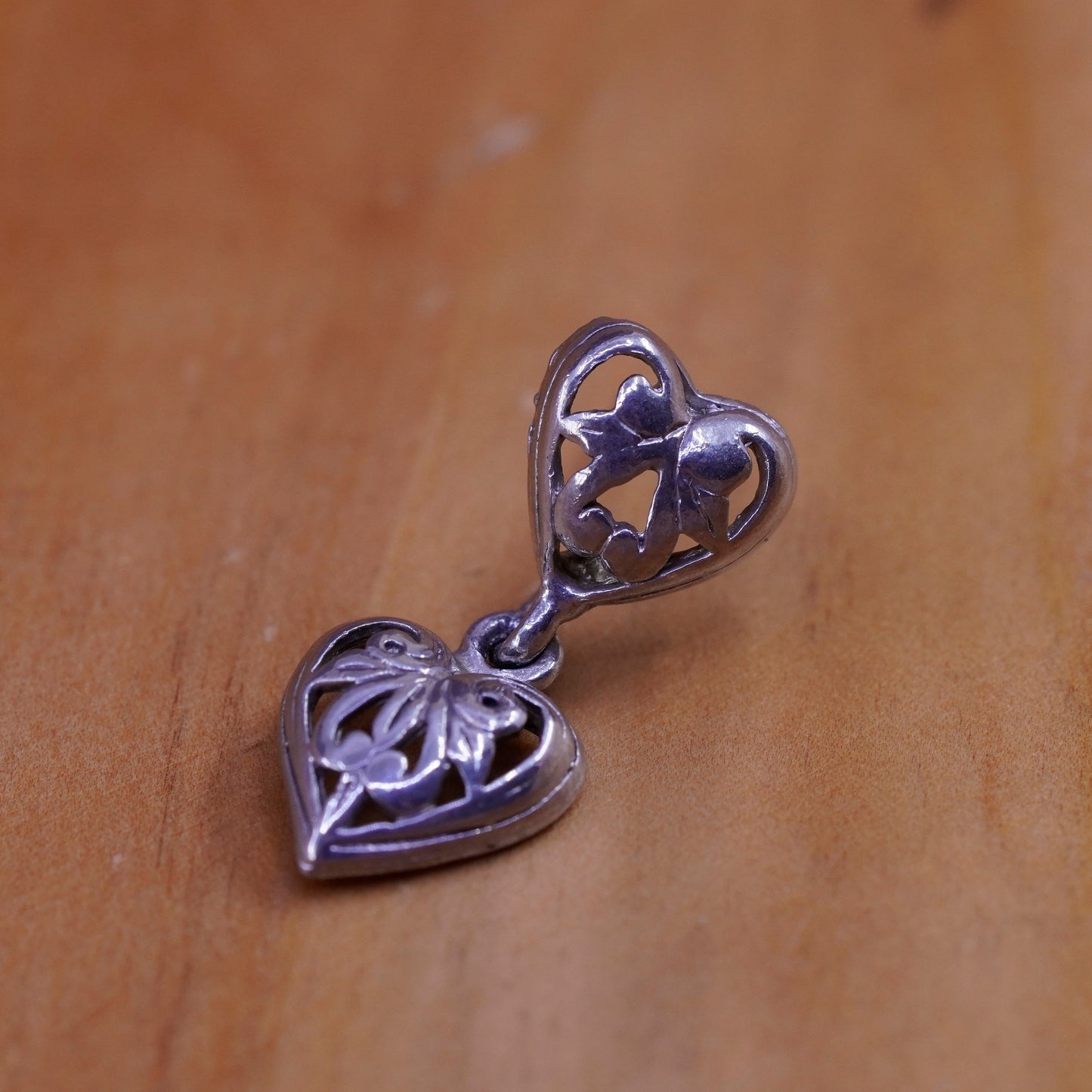 Vintage Sterling silver handmade earrings, 925 filigree heart drops
