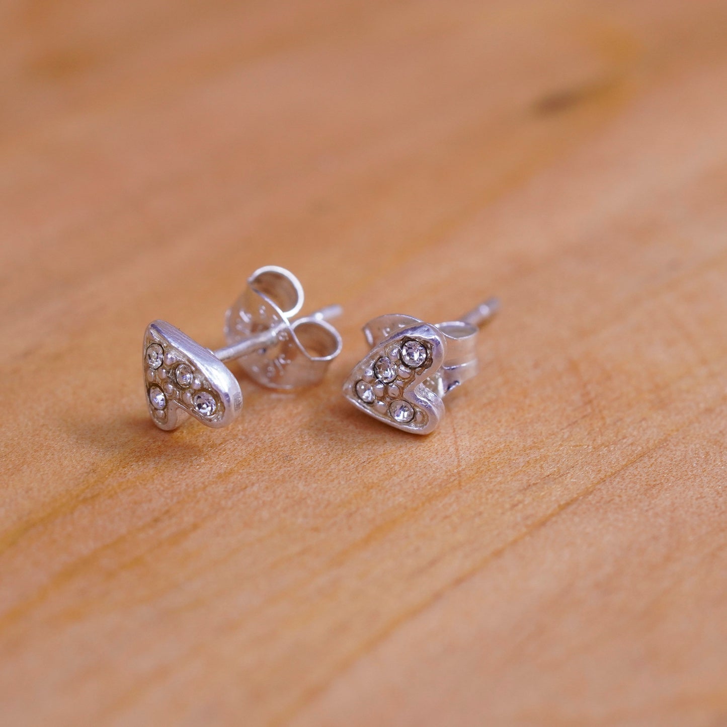 Vintage Sterling silver handmade earrings, 925 heart studs with cz