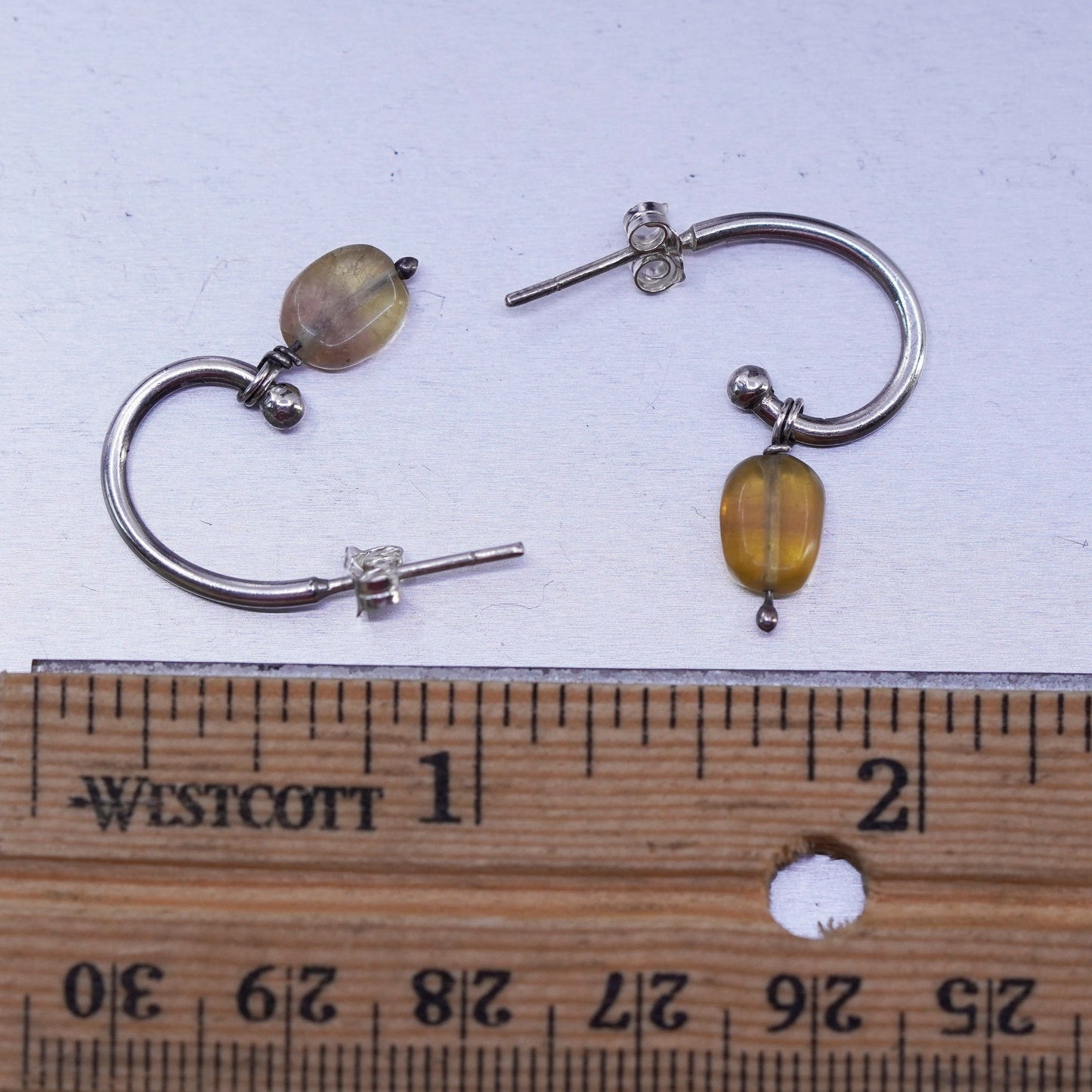 0.75”, vintage Sterling silver handmade earrings, 925 hoops w/ citrine dangles