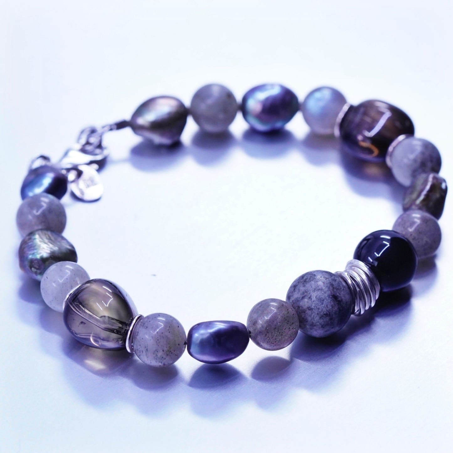 7”, QG Sterling 925 silver bracelet freshwater pearl, smoky topaz, labradorite